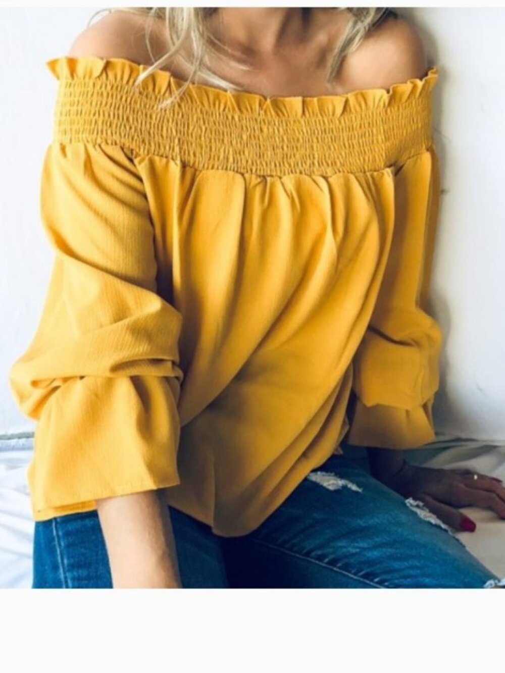 Off Shoulder Smocking Top Bell Sleeves &The Why NWT L